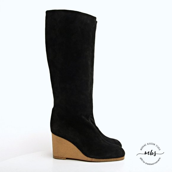 Fendissime by Fendi Suede Wedge Tall Boots in Black Women Size 5.5